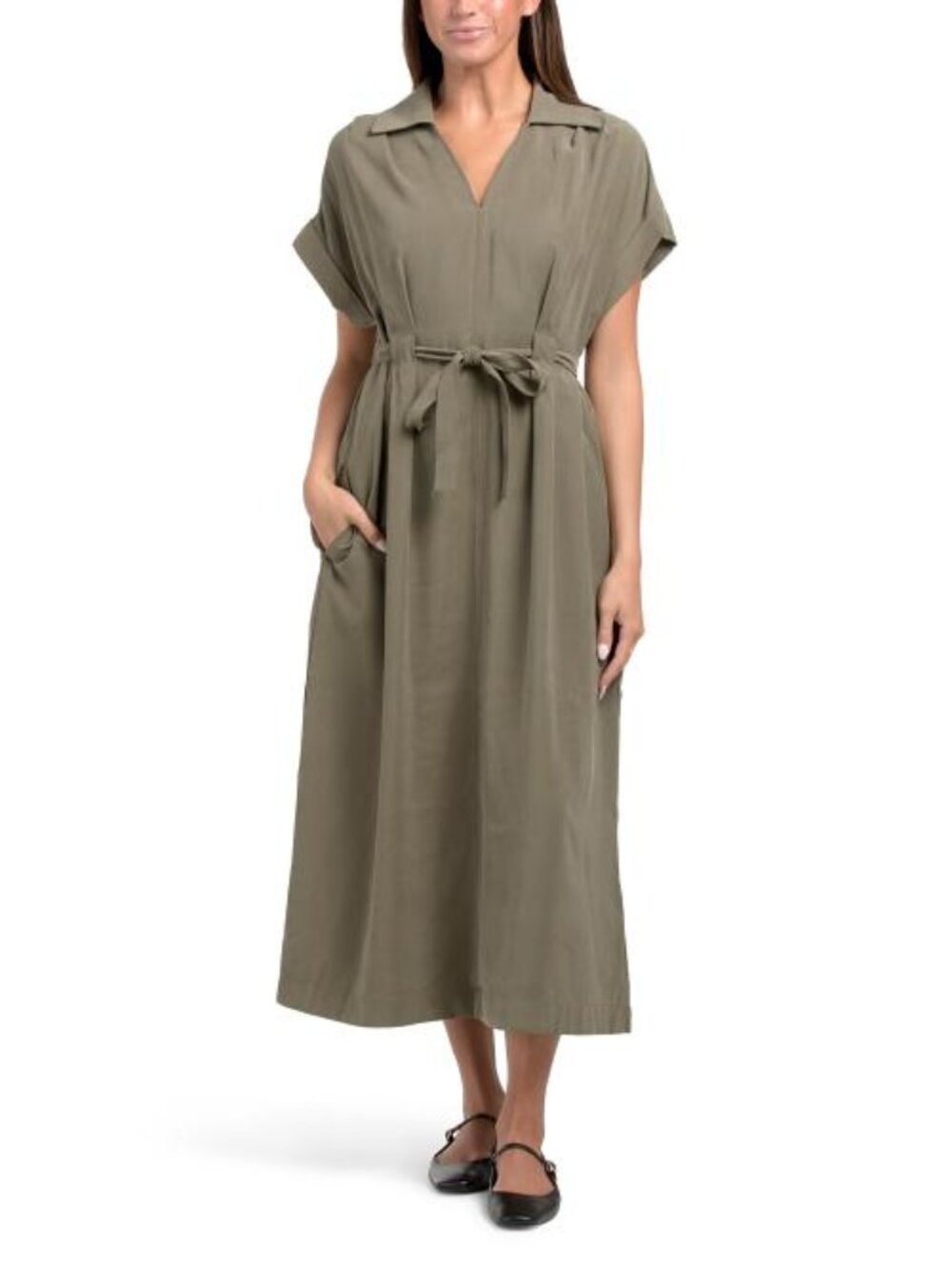 MAX STUDIO Collared V-neck Pleated Dress